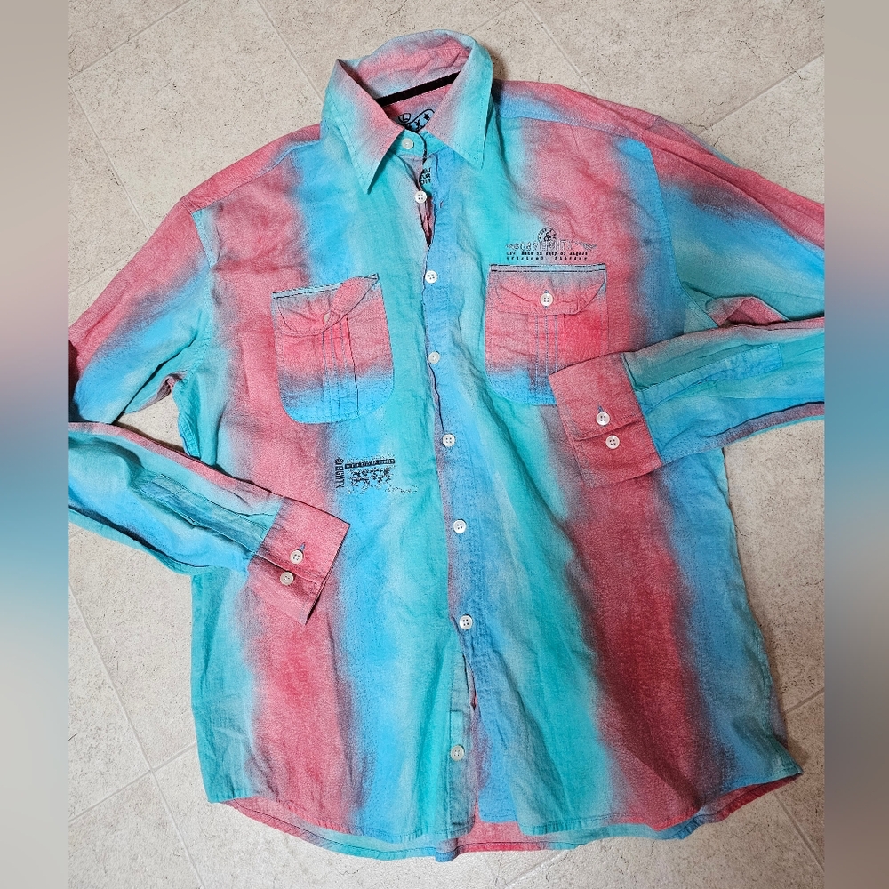 Eight X Mens Large Button Down Shirt Blue Red Ombré Limited Run Long Sleeve USA